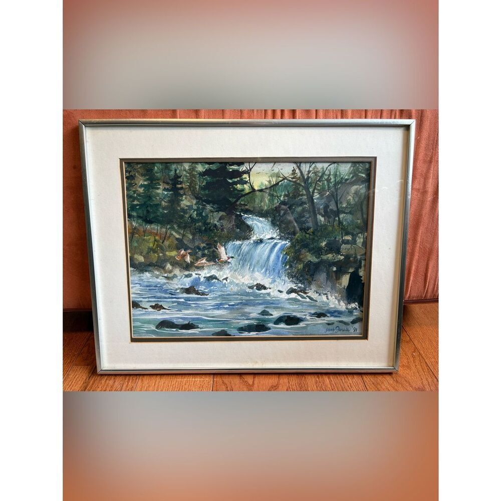 Herb Stanske Signed Original Waterfall Mallard Duck Watercolor Art 16x20 Vintage